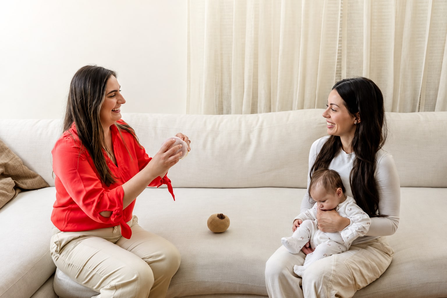 Bruna talking with a mother holding her baby